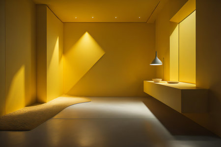 Minimalist interior with yellow walls, concrete floor, carpet and lamps. ai generatedの素材