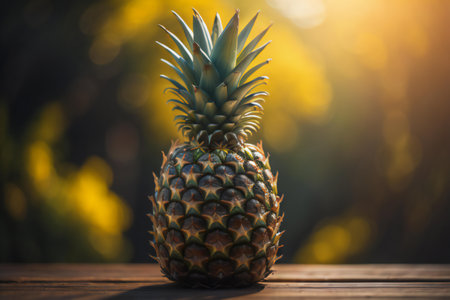 Pineapple on wooden table with bokeh light background. ai generatedの素材