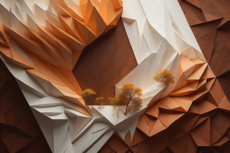 Polygonal origami landscape with trees on a brown background. ai generatedの素材