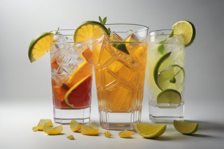 Cocktails in glasses with lime, orange, lemon and ice. ai generatedの素材