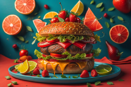 Hamburger with fruits and vegetables on a blue background. Close-up. ai generatedの素材