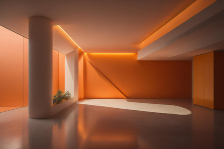 Interior of modern bright room with orange walls, concrete floor and orange ceiling. ai generatedの素材