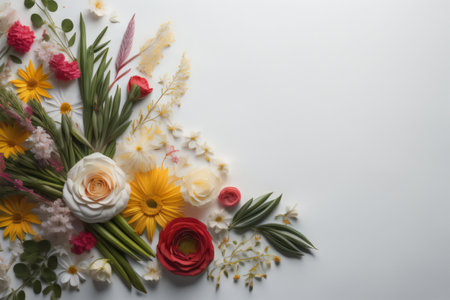 Flowers composition on white background. Flat lay, top view, copy space. generative aiの素材