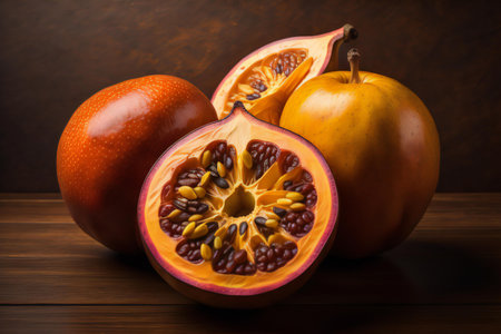 Passion fruit on wooden background. ai generatedの素材