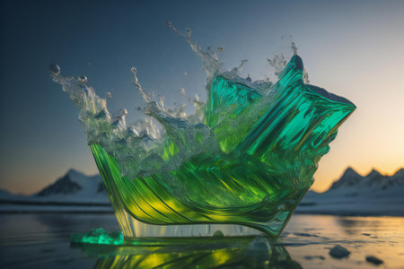 Ice cube with water splash on the background of mountains and sunset. ai generatedの素材