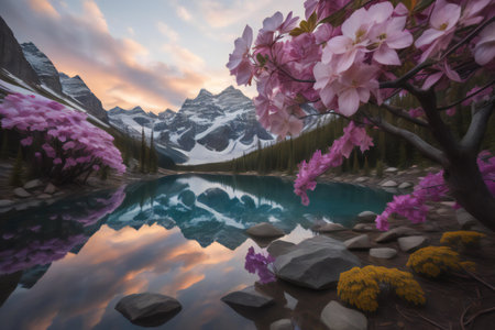 Mountains reflected in a lake with pink flowers in the foreground. ai generatedの素材