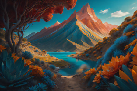 Fantasy alien planet. Mountain and lake. ai generatedの素材