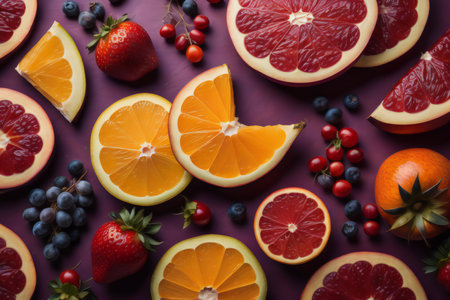 Fruits and berries on purple background. Top view, flat lay. ai generatedの素材