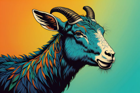Goat head on a colorful background. ai generatedの素材