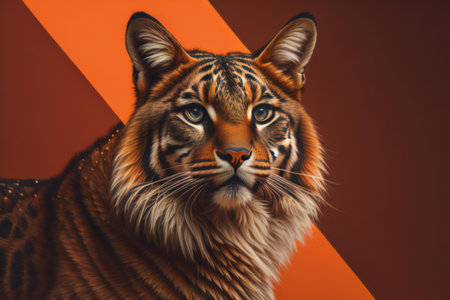 Portrait of a tiger with orange background. ai generatedの素材