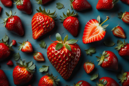 Strawberries on a blue wooden background. View from above. ai generatedの素材