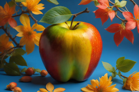 Apple and flowers on a blue background. ai generatedの素材