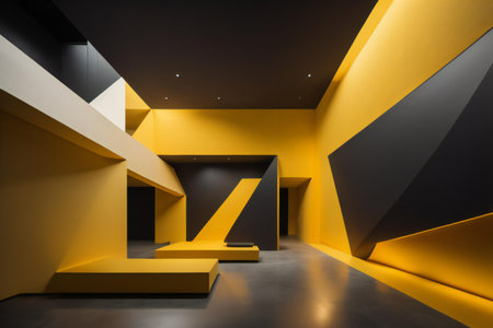 Yellow and black interior with abstract geometric shapes. ai generatedの素材