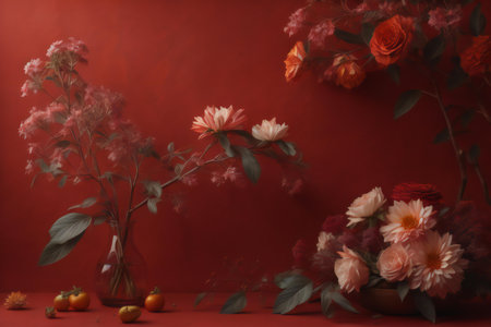 still life with flowers and a vase of dried flowers on a red background. ai generatedの素材
