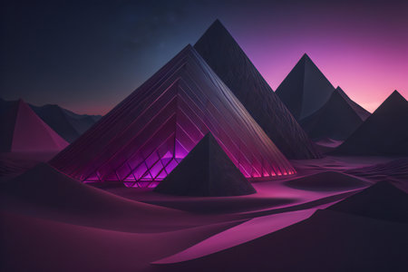 pyramids in the desert at night with neon lights. ai generatedの素材