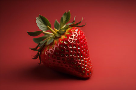 Strawberry on red background. Minimalistic still life. ai generatedの素材