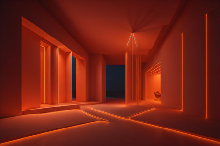 Futuristic hallway with neon lights. ai generatedの素材