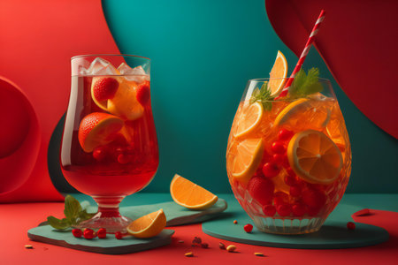 Two glasses of sangria or lemonade with fruits on red and blue background. ai generatedの素材
