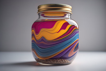 Glass jar with colorful paper stripes inside. 3D Rendering.の素材