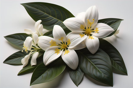 White flowers and green leaves on a white background, close-upの素材