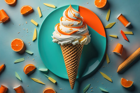 Ice cream in waffle cone on blue background, top view, flat layの素材