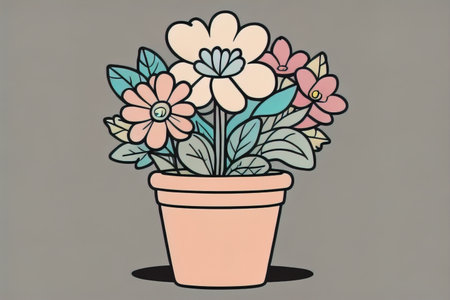 Illustration of a flowerpot with pink and blue flowers on a gray background. ai generativeの素材