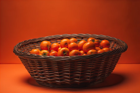 Basket of ripe tomatoes on an orange background. Toned. ai generativeの素材