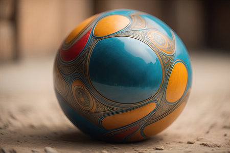 Close-up of a colorful wooden ball on the sand in the parkの素材