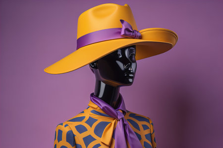 Mannequin wearing a yellow hat and purple shirt. Studio shot.の素材