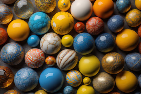 Colorful painted easter eggs on grey background. Top view.の素材