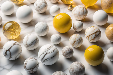 Close-up of white and yellow marble balls on white marble backgroundの素材