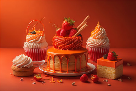 Delicious birthday cake with cream and berries on orange background, copy spaceの素材