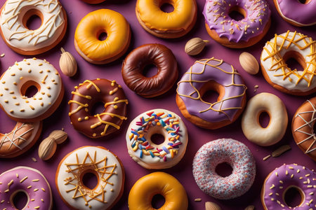Variety of donuts on a solid color background. Top view. ai generativeの素材