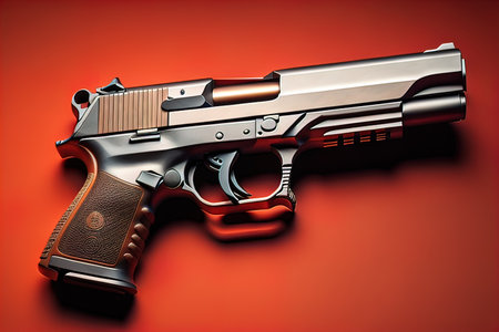 Semi-automatic handgun on a solid color background. Close-up. ai generativeの素材