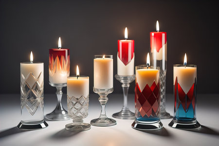 Burning candles in glasses on wooden table, closeup. Space for text. ai generativeの素材