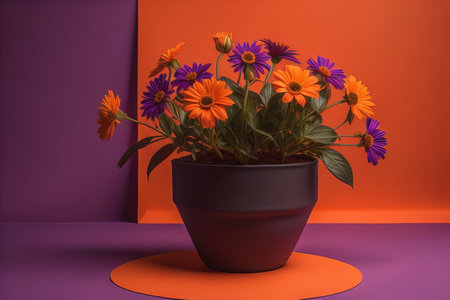 Flowers in a pot on a solid color background. ai generativeの素材