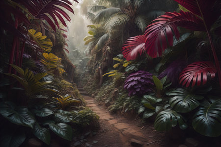 A pathway in tropical rainforest with palm trees and path in the mist. ai generativeの素材