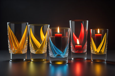 Colorful candles in glass on wooden table, closeup. ai generativeの素材