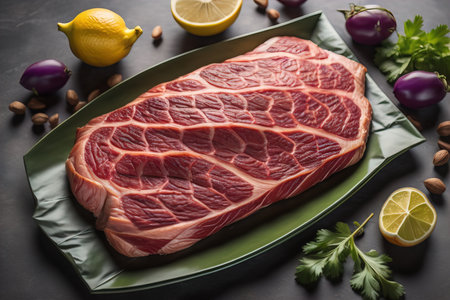 Raw beef sirloin steak with ingredients for cooking on wooden background. ai generativeの素材