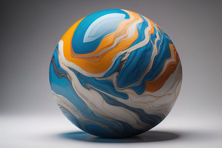 Colorful marble ball on a solid colour background. Close-up. ai generativeの素材