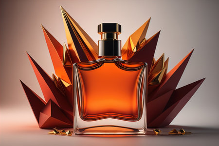 Creative and brandless Perfume bottle and flower on the wooden table, closeup. ai generativeの素材