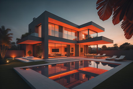 modern cozy house with pool and parking, luxurious style and beautiful landscaping on background. ai generativeの素材