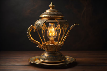 Lantern on a wooden table and a dark background. ai generativeの素材