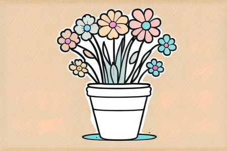 Illustration of a flowerpot with pink and blue flowers on a gray background. ai generativeの素材