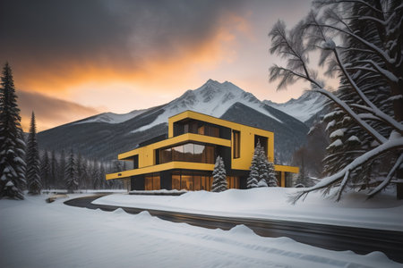 Beautiful winter landscape with snow covered trees and red house in the mountains. ai generativeの素材