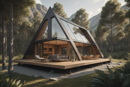 modern cozy chalet with pool and parking for sale or rent. Luxury house in the forest. ai generativeの素材