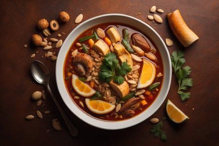 Vegetable soup in a bowl on wooden background. ai generativeの素材