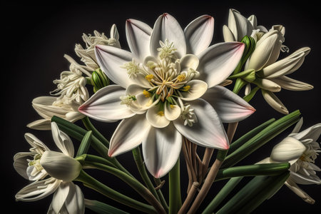 Beautiful white lilies on solid color background, closeup. Floral decor. ai generativeの素材