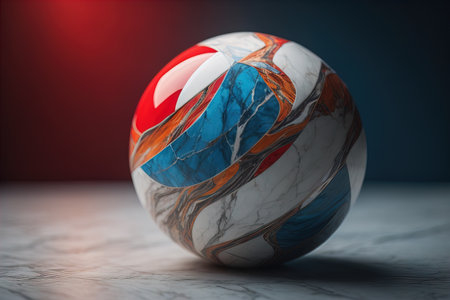 Colorful marble ball on a solid colour background. Close-up. ai generativeの素材