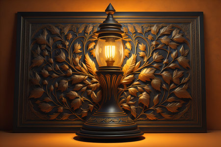 Lantern on a wooden table and a dark background. ai generativeの素材